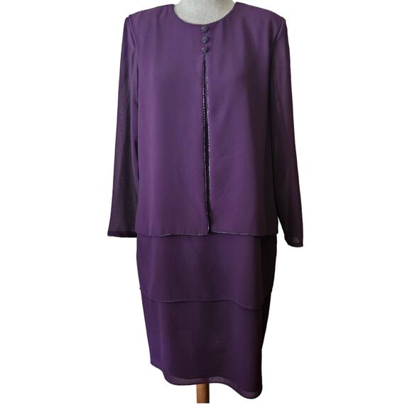 Purple Beaded Layered Knee Length Dress Size 12 Petite - Picture 1 of 6